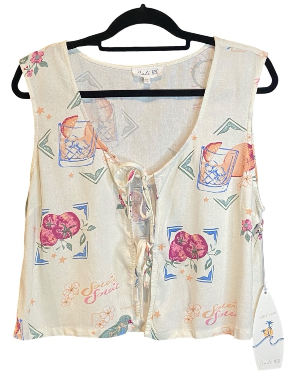Cali 1850 Womens Linen Blend Vest Size XL NWT Boho Bird Tropical Beach Print